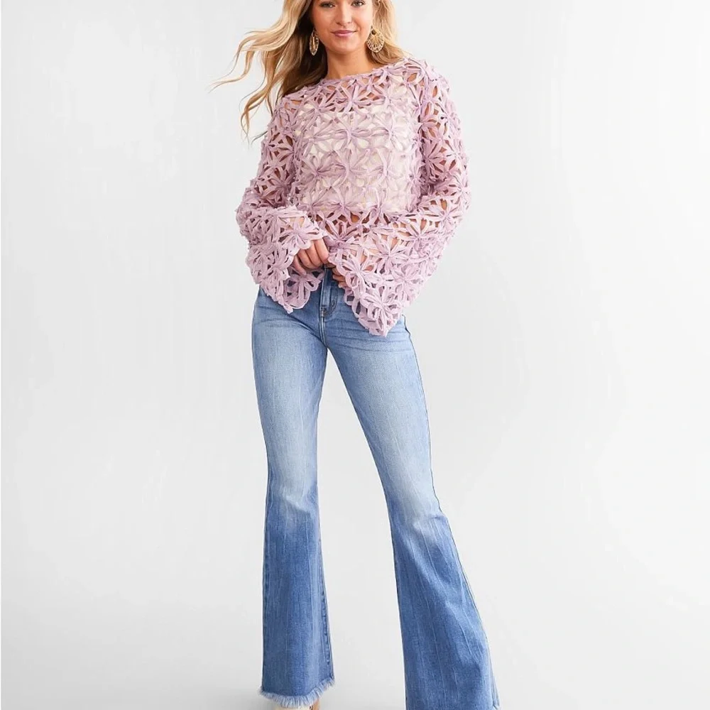 Willow & Root Dusty Rose Raw Edge Floral Long Sleeve Top